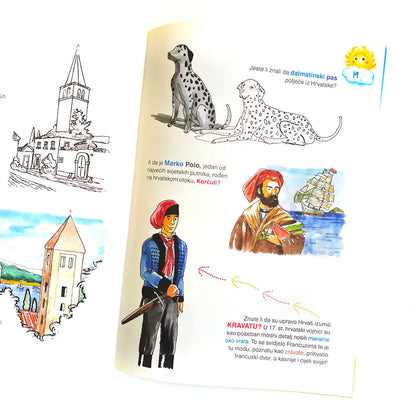 Hrvatska za Djecu – Turistički Vodič s Naljepnicama Educational book page with illustrations of a dog, castle, and Marco Polo.