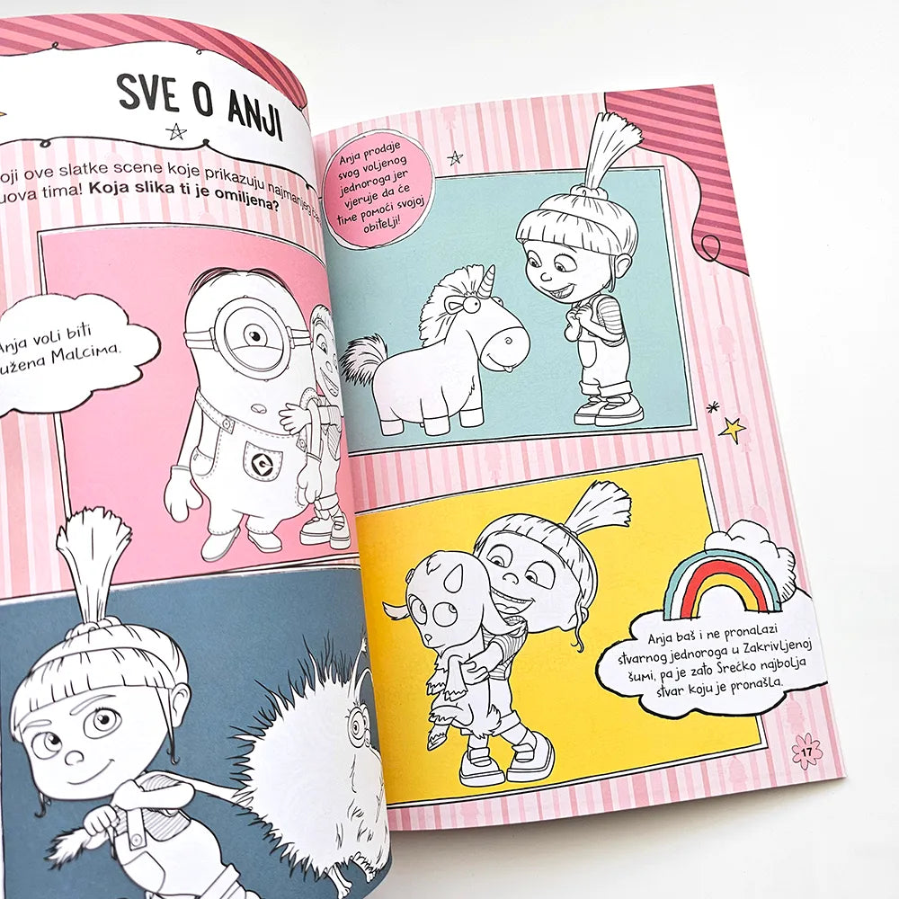 Kako Je GRU Postao Dobar: Kreativne Aktivnosti – Tetovaže Open book with cartoon characters and coloring pages on a white background