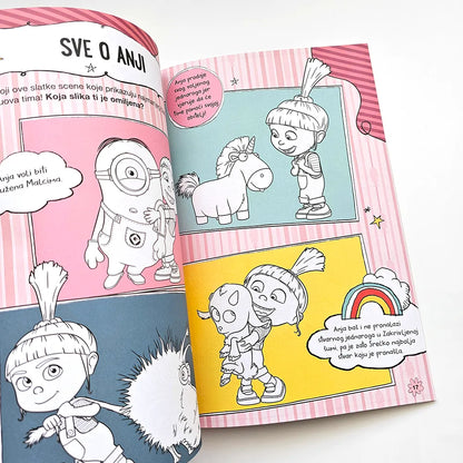 Kako Je GRU Postao Dobar: Kreativne Aktivnosti – Tetovaže Open book with cartoon characters and coloring pages on a white background