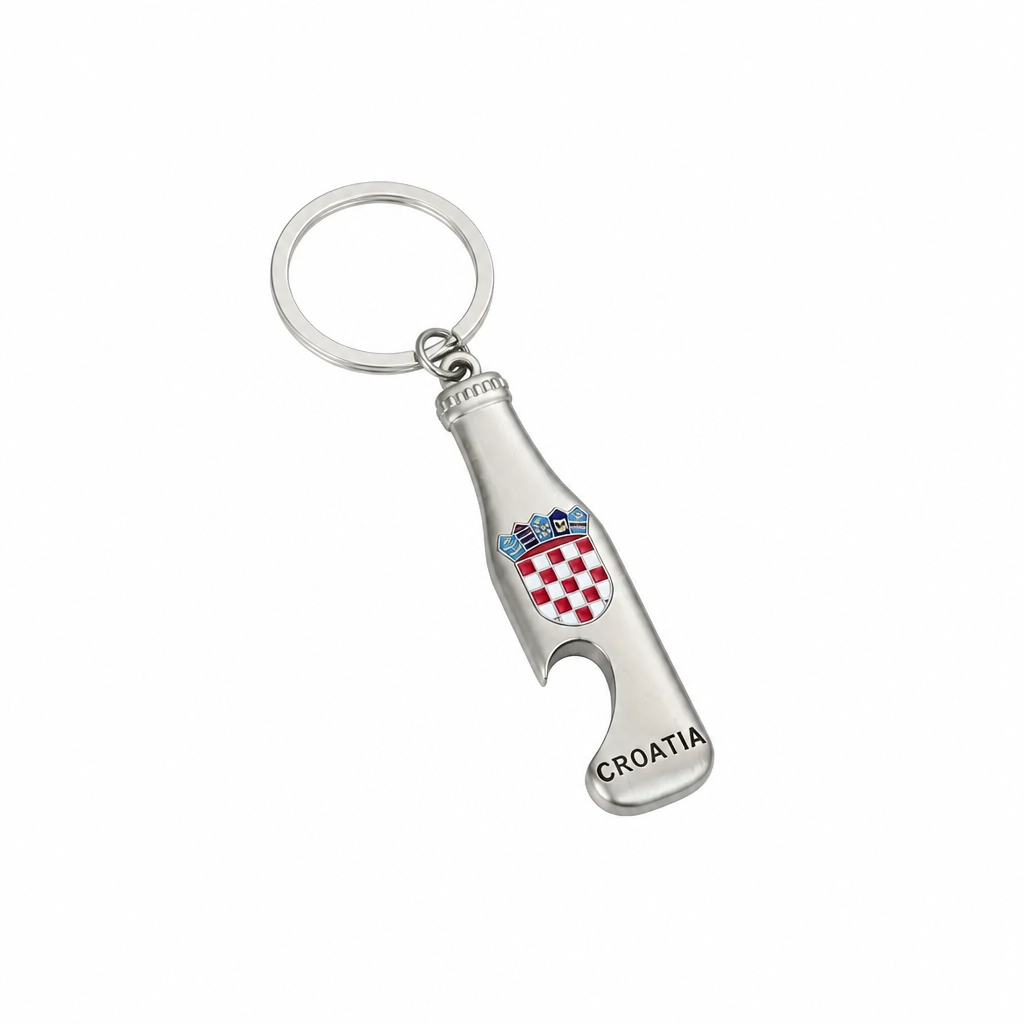Keyring Croatia with Bottle Opener A silver metal keychain shaped like a bottle opener with a Croatian shield emblem and the word 'CROATIA' printed on it, set against a plain white background.