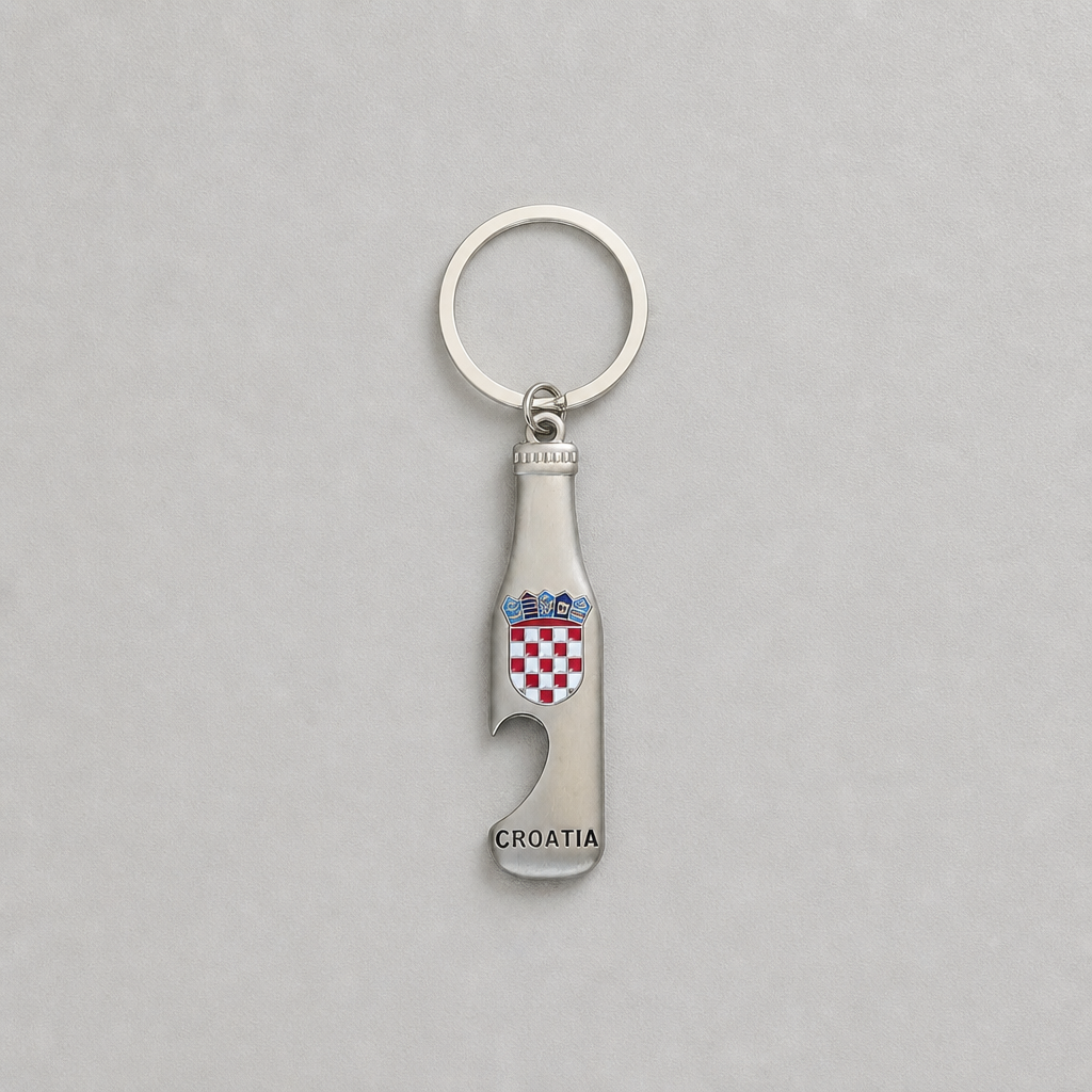 Keyring Croatia with Bottle Opener A silver metal bottle-shaped keychain with a built-in bottle opener, featuring the red and white checkered Croatian coat of arms and the word 'CROATIA' engraved near the bottom, shown on a light gray background.