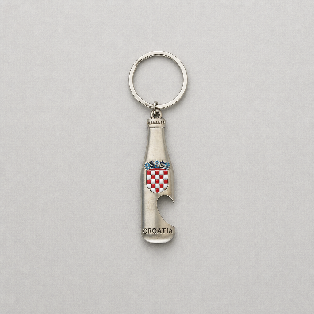 Keyring Croatia with Bottle Opener A silver-tone metal keychain shaped like a Croatia wine bottle opener, featuring the Croatian coat of arms and the word 'CROATIA' engraved at the bottom, shown on a neutral gray background.