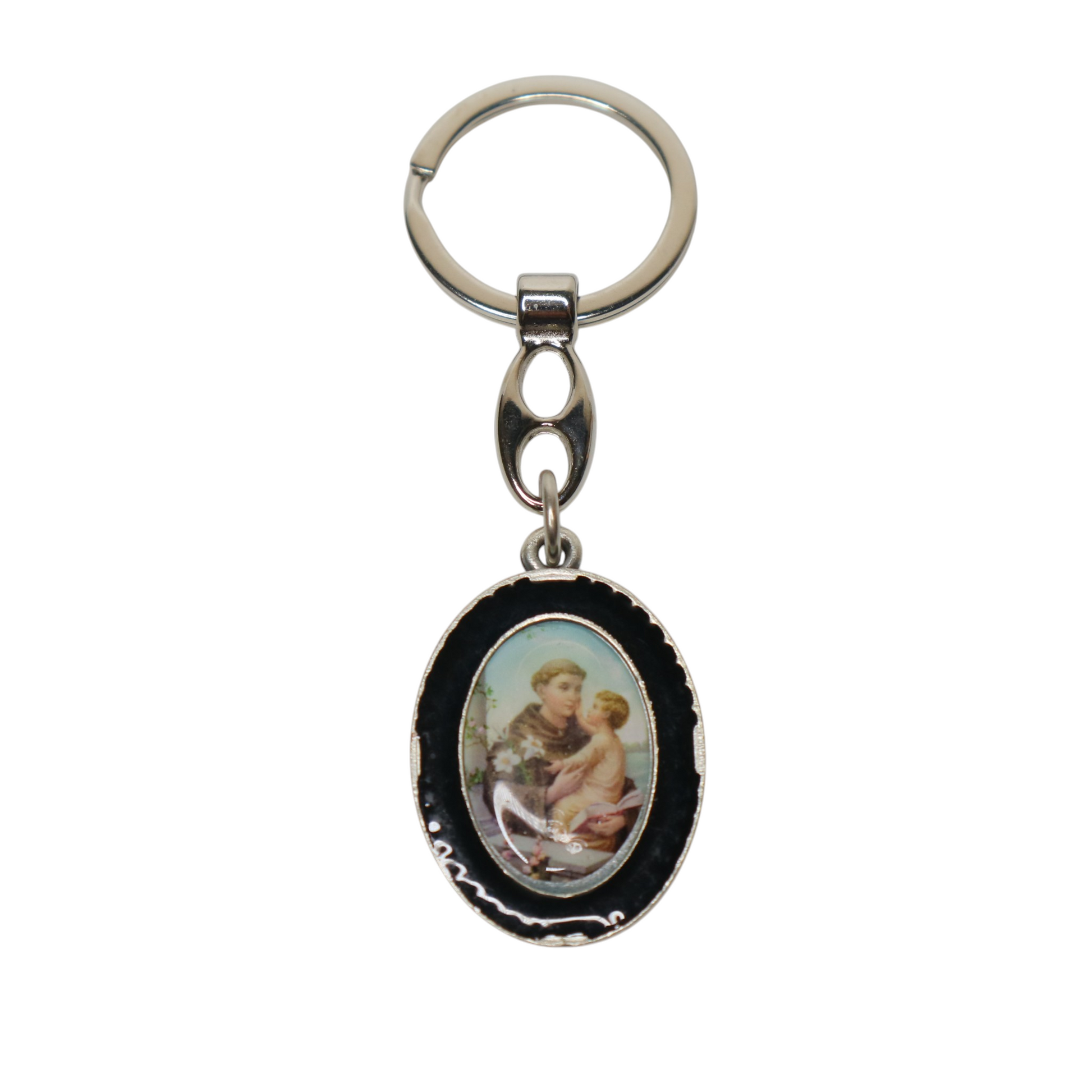 Keyring Saint Anthony of Padua – Double-Sided Religious Medal (Black Enamel) Keychain with a portrait of a man and child on an oval pendant against a white background