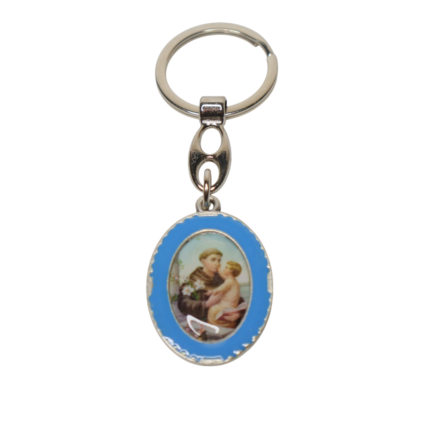 Keyring Saint Anthony of Padua – Double-Sided Religious Medal (Blue Enamel) Keychain with an oval pendant featuring a religious scene on a white background