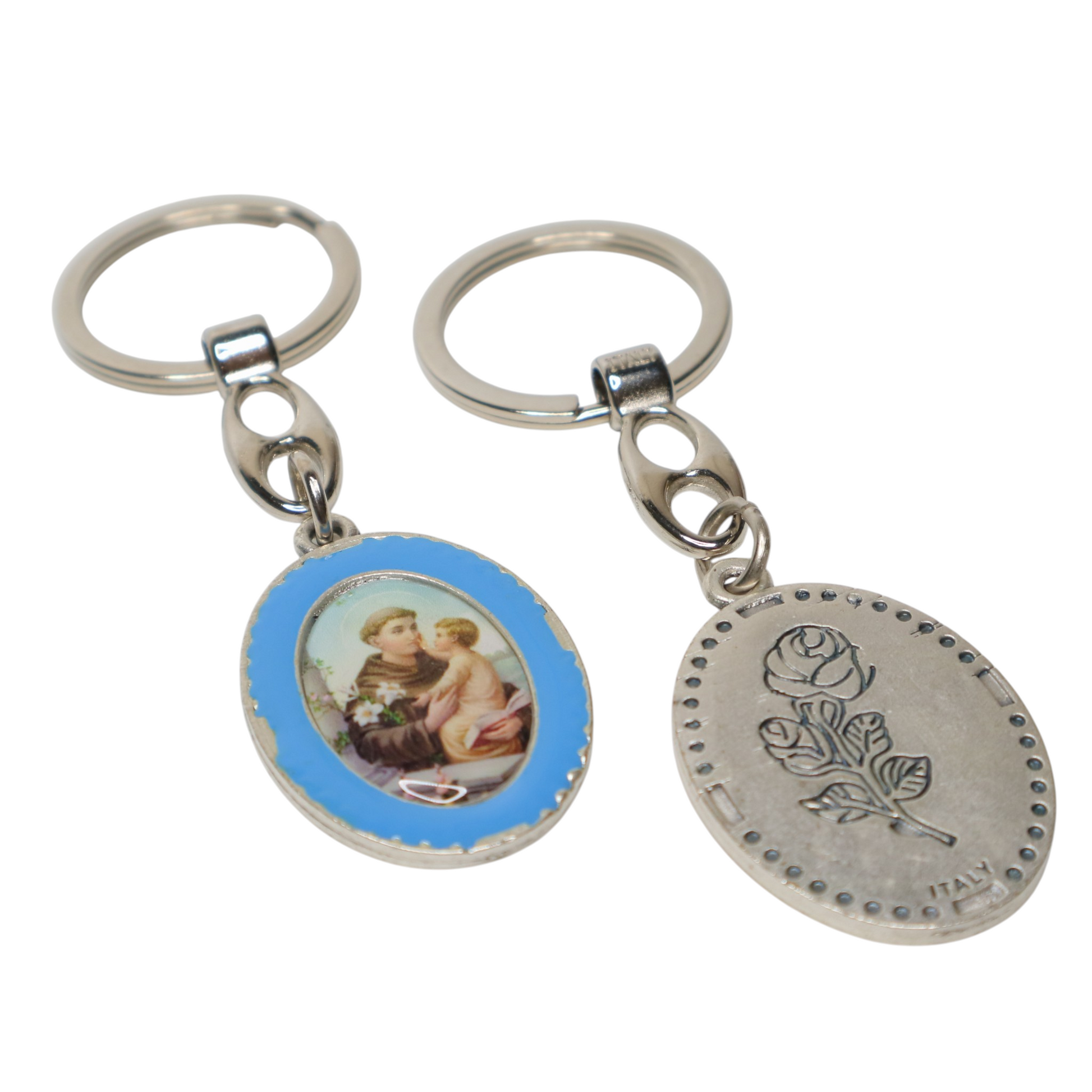 Keyring Saint Anthony of Padua – Double-Sided Religious Medal (Blue Enamel) Two keychains with religious design on a white background