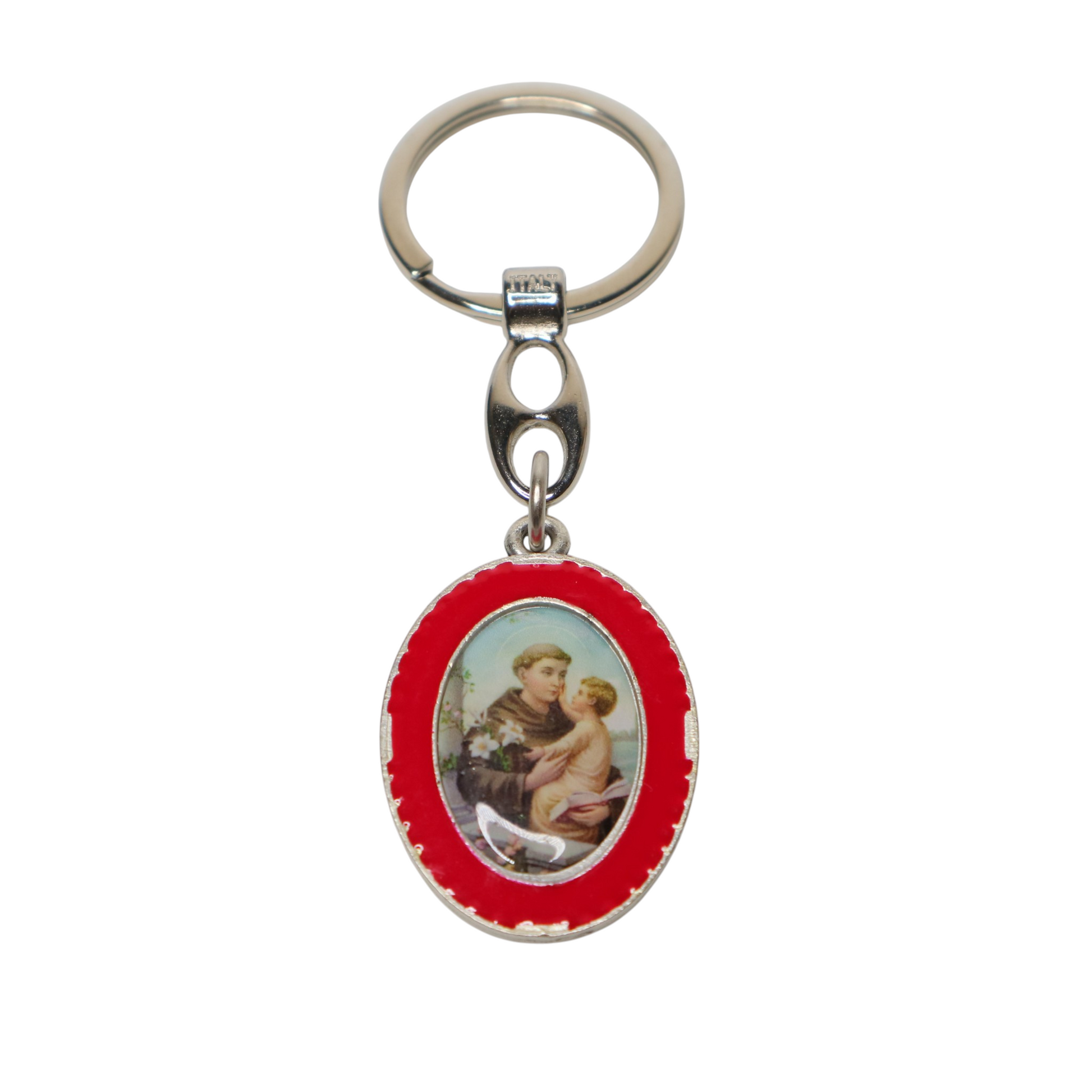 Keyring Saint Anthony of Padua – Double-Sided Religious Medal (Red Enamel) eychain with red border featuring an image of a person and child on a white background