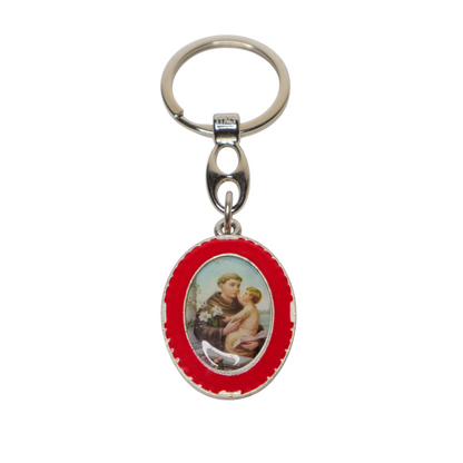 Keyring Saint Anthony of Padua – Double-Sided Religious Medal (Red Enamel) eychain with red border featuring an image of a person and child on a white background