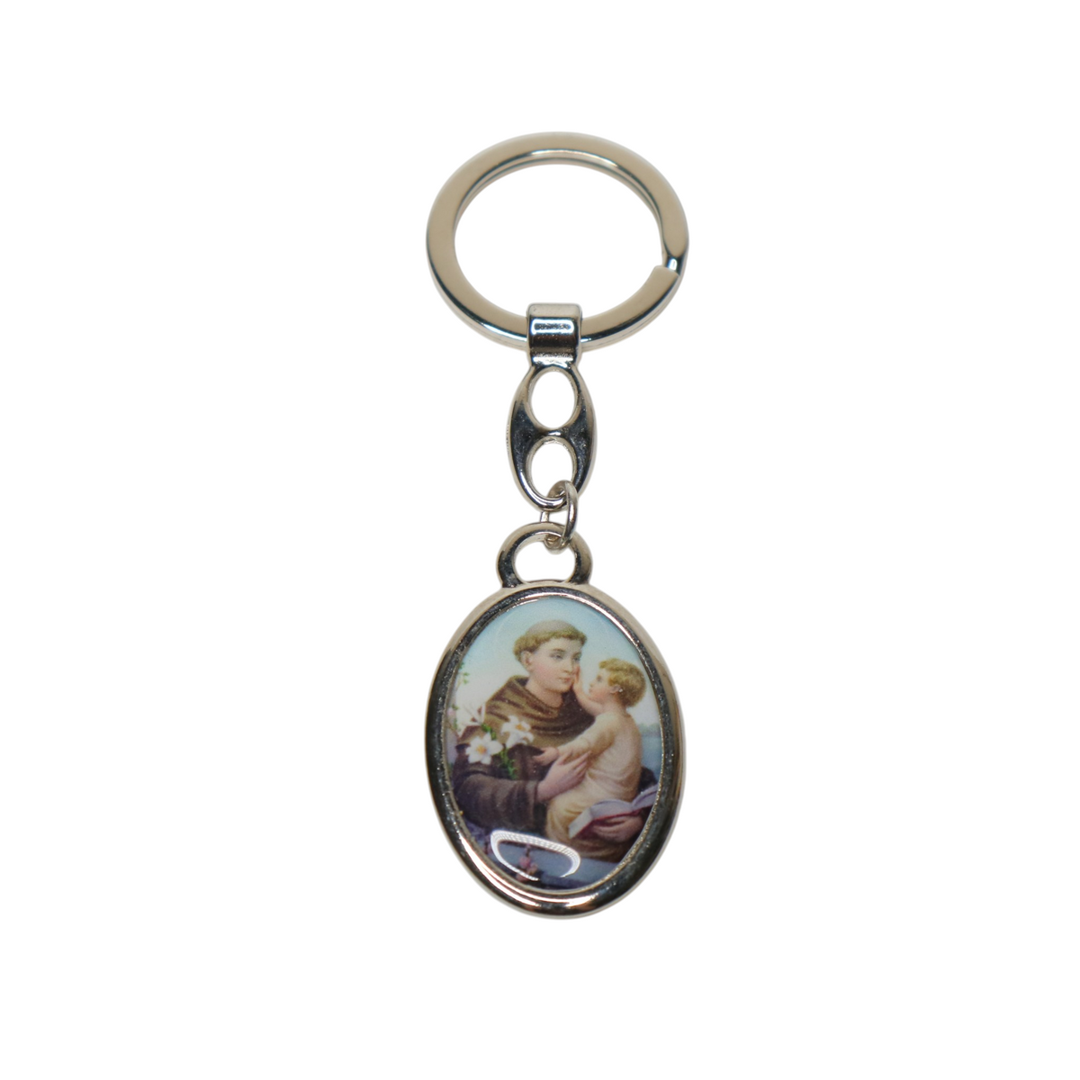 Keyring Saint Anthony of Padua – Silver-Tone Religious Medal (oval) Keychain with an oval pendant featuring a religious design on a white background