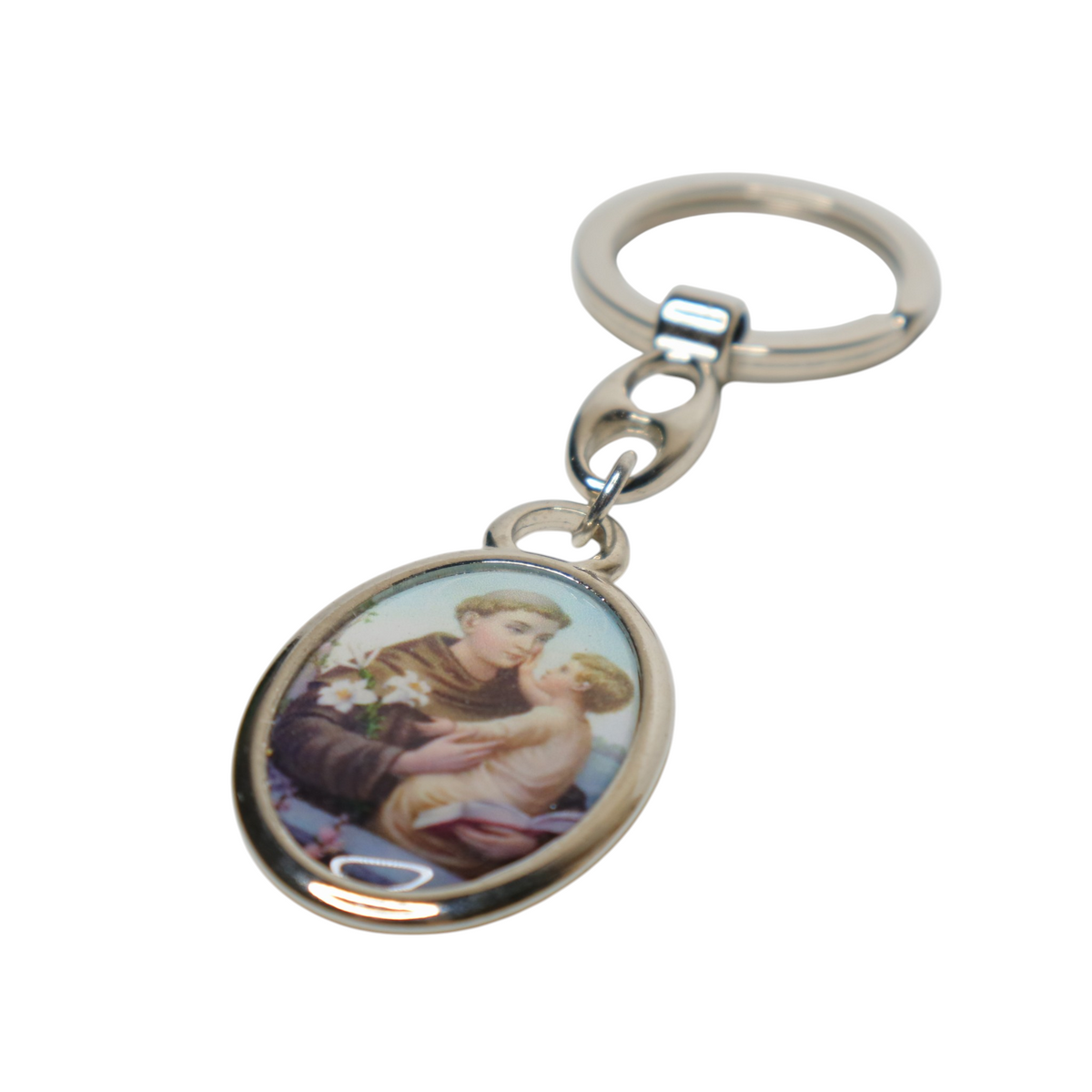 Keyring Saint Anthony of Padua – Silver-Tone Religious Medal (oval) Keychain with a religious design of a man holding a child on a white background