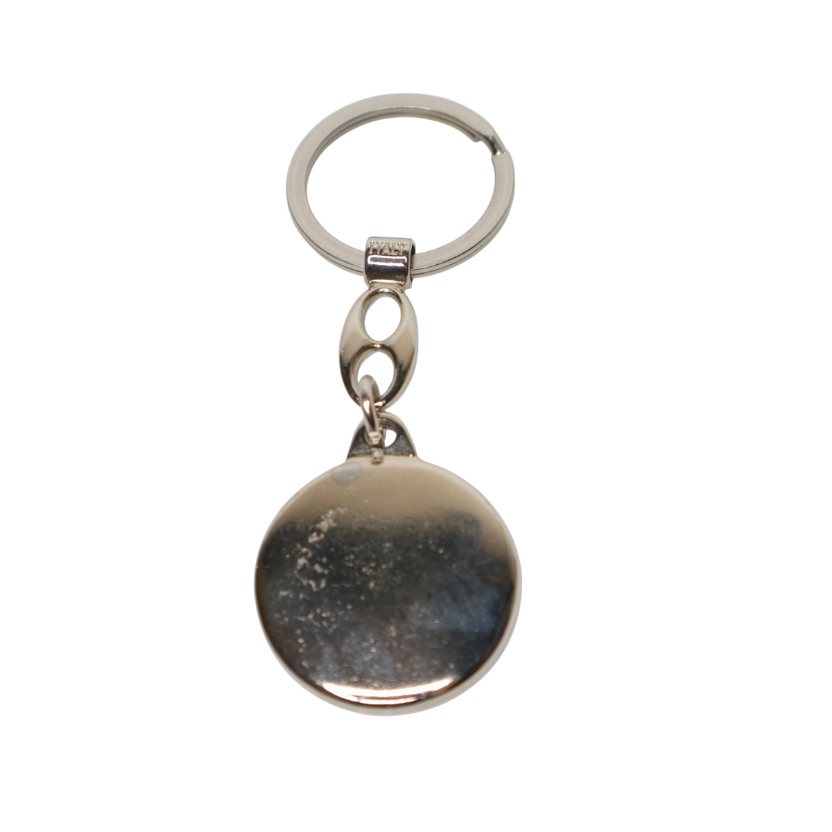 Keyring Saint Anthony of Padua – Silver-Tone Religious Medal (round) Metallic keychain with a round tag on a white background
