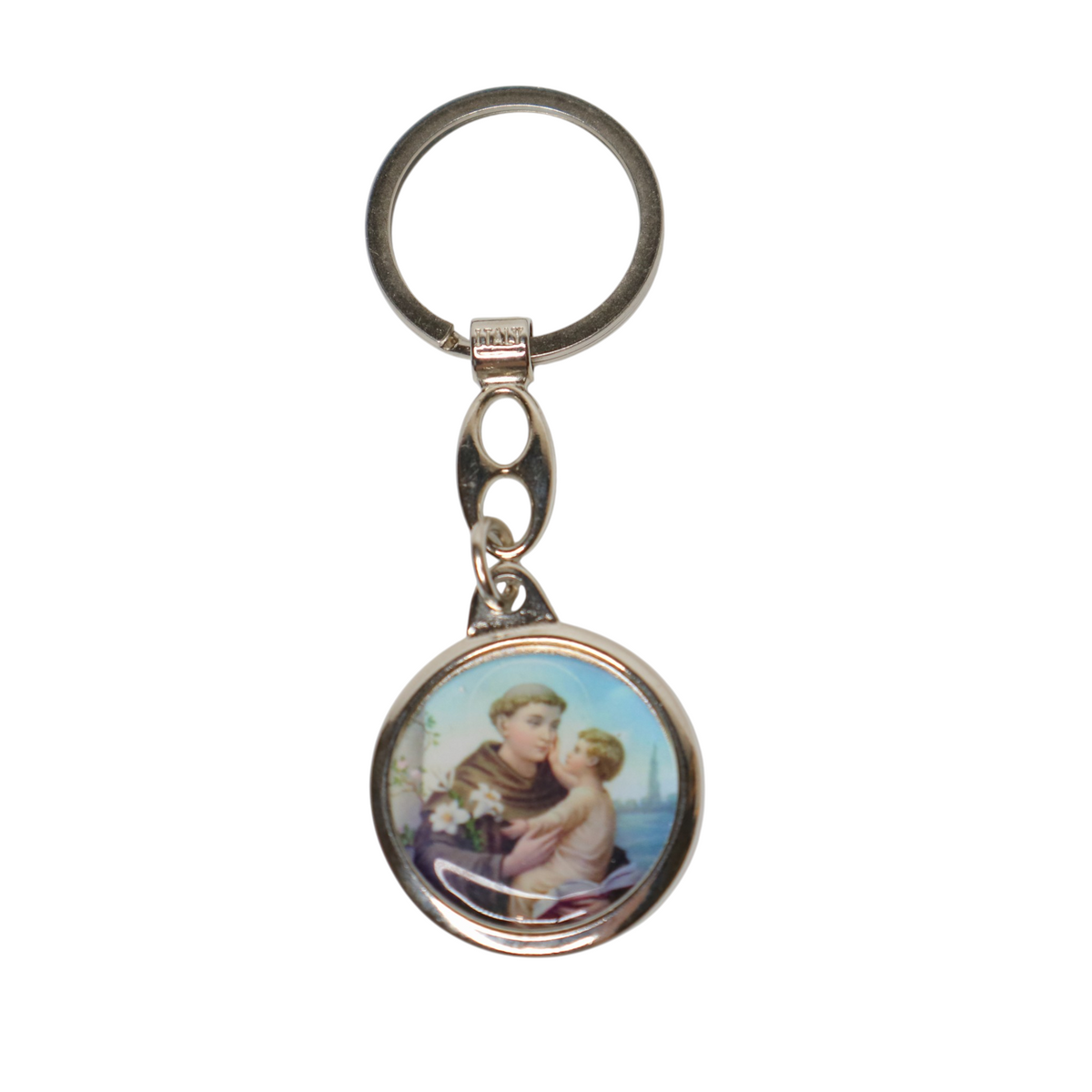 Keyring Saint Anthony of Padua – Silver-Tone Religious Medal (round) Keychain with a religious design of a man and child on a white background