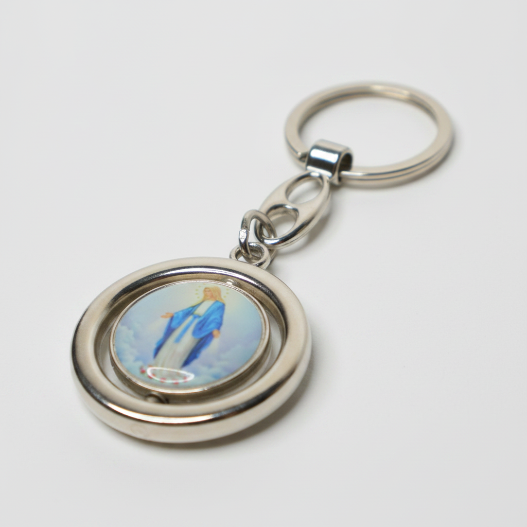 Keyring Virgin Mary & Saint Anthony Rotating Spinner Keychain with a spinning disc featuring an image of a person in a blue outfit on a white background