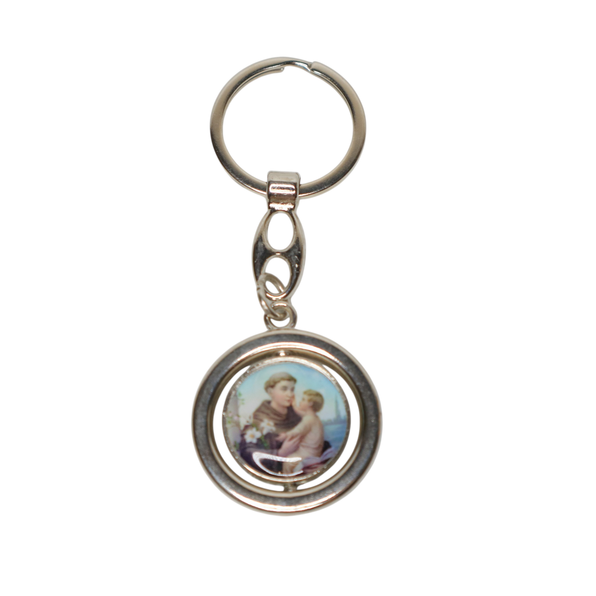 Keyring Virgin Mary & Saint Anthony Rotating Spinner Keychain with a circular design featuring a portrait on a white background