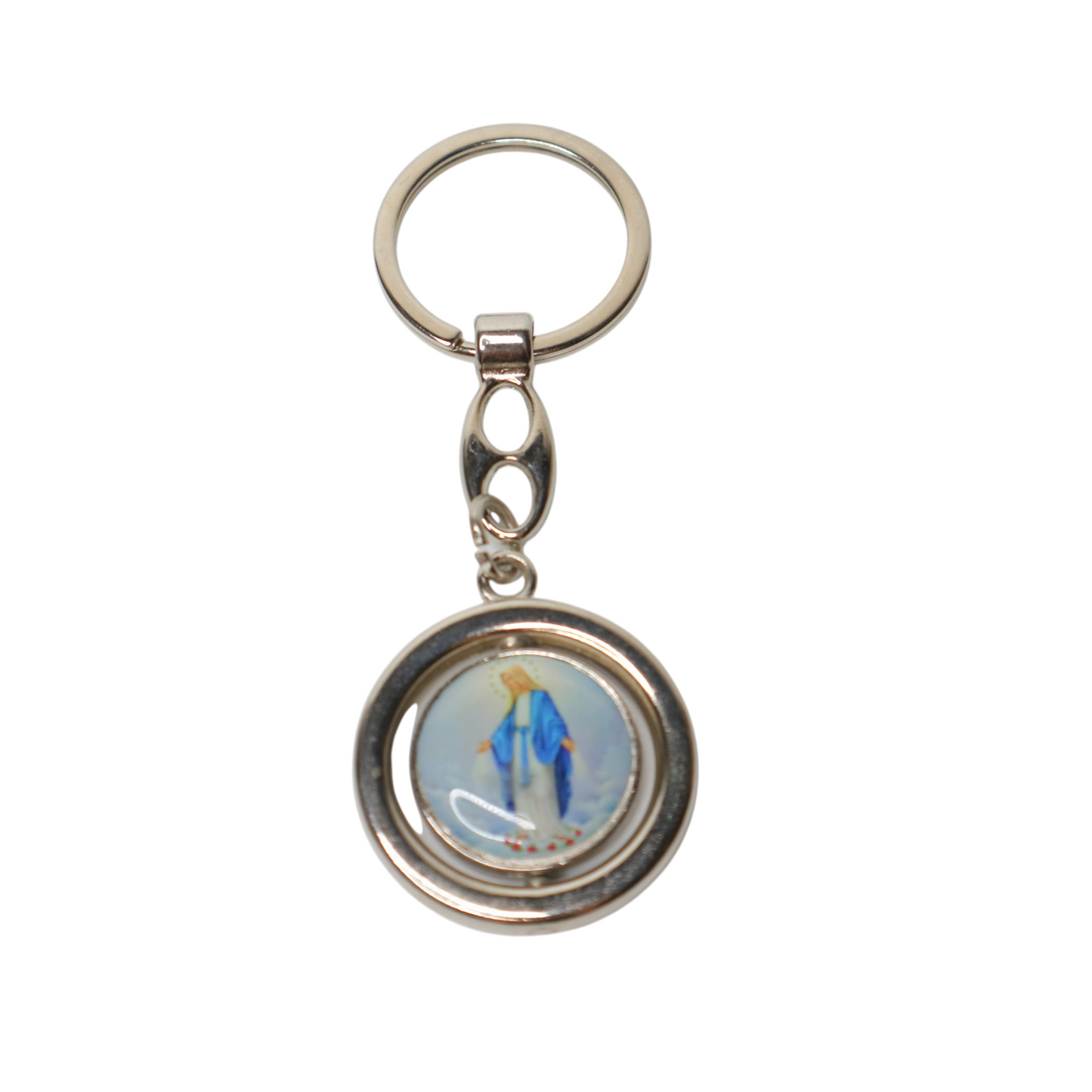 Keyring Virgin Mary & Saint Anthony Rotating Spinner Keychain with a circular design featuring an image of a person in a blue outfit on a white background