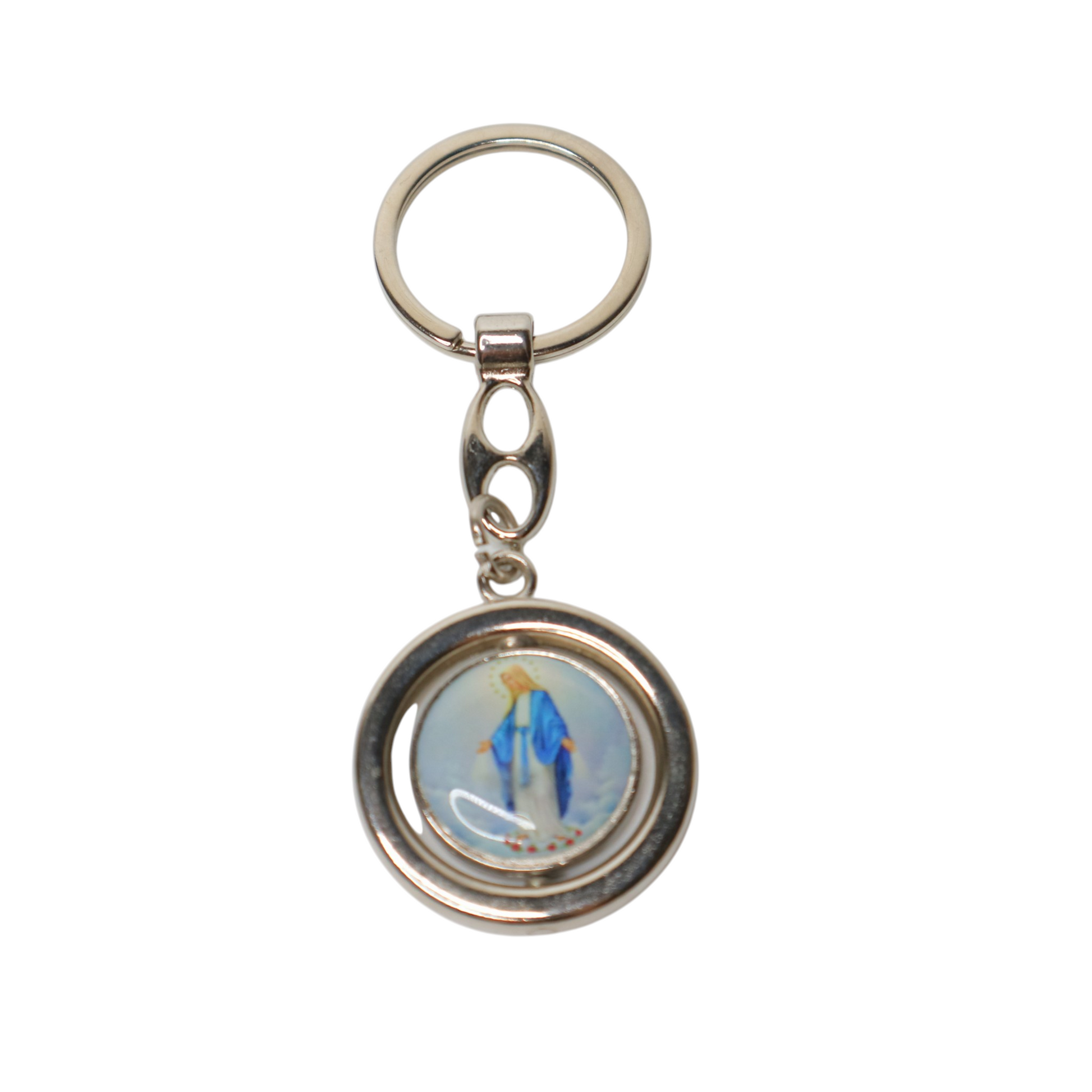 Keyring Virgin Mary & Saint Anthony Rotating Spinner Keychain with a circular design featuring an image of a person in a blue outfit on a white background