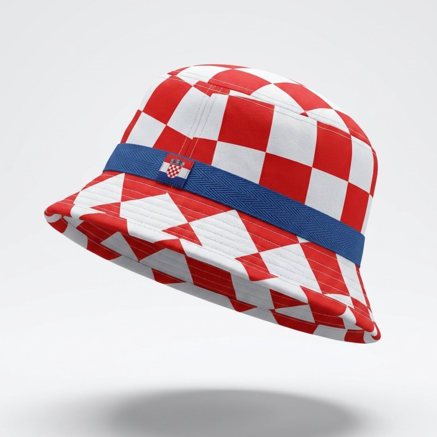 Kids Bucket Hat Croatia Red and white checkered bucket hat with a blue band on a light gray background