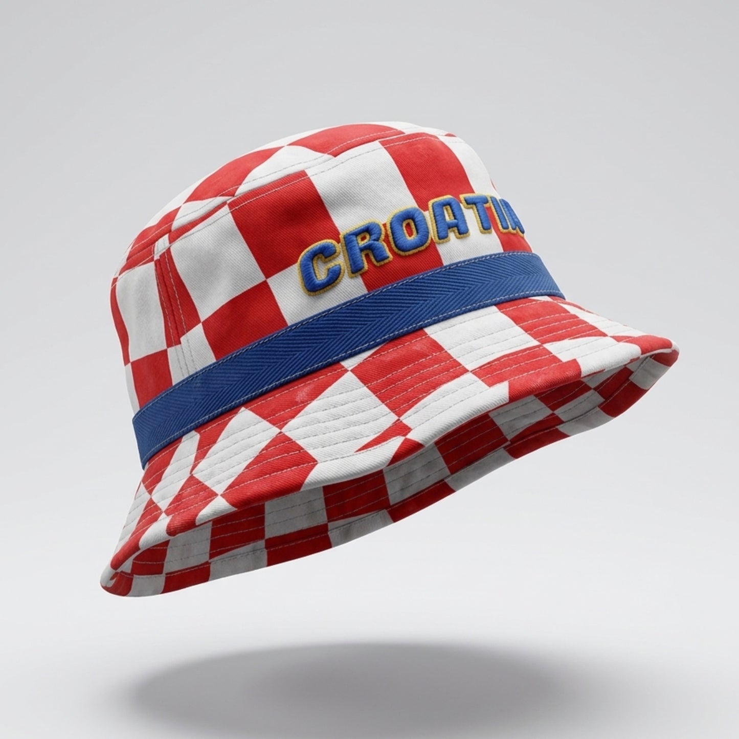 Kids Bucket Hat Croatia Red and white checkered bucket hat with blue band and 'Croatia' text on a gray background