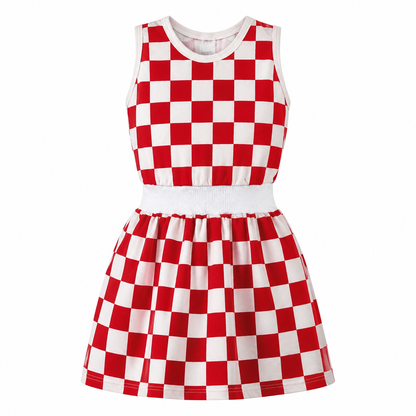 A sleeveless A-line dress with a red and white checkerboard pattern, featuring a white ribbed waistband and a white crew neck, shown against a plain white background. Kids Dress Croatia snc shopncro