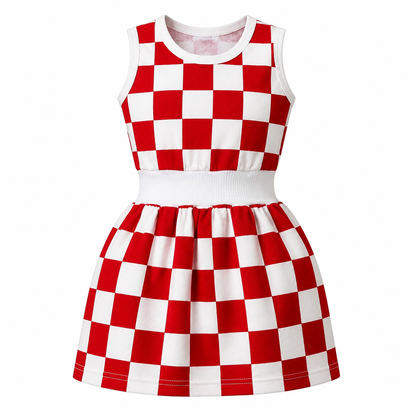 A sleeveless red and white checkered dress with a white ribbed waistband, shown against a plain white background. Kids Dress Croatia snc shopncro