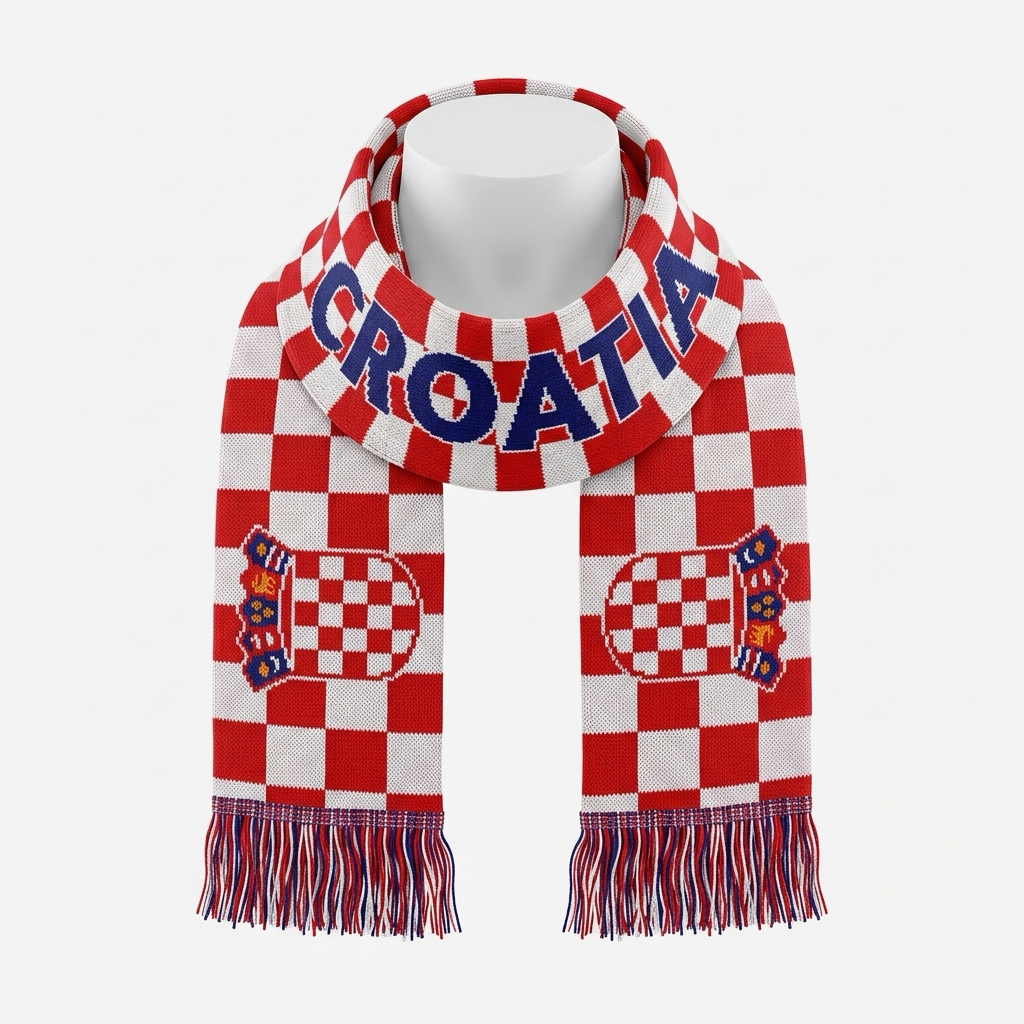Red and white checkered scarf with 'CROATIA' text on a mannequin against a white background