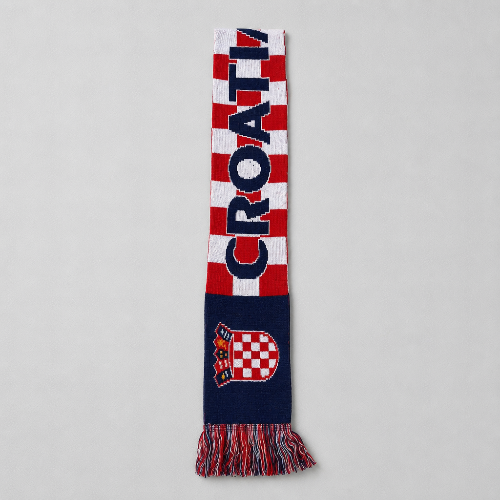 A vertical knit scarf with a Croatian theme, featuring a red and white checkered pattern with the word 'CROATIA' in navy blue, a Croatian coat of arms crest, and fringed ends, shown on a neutral gray background. Knitted Scarf Croatia / Hrvatska