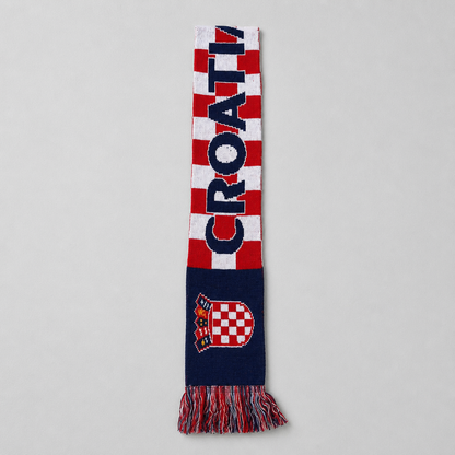 A vertical knit scarf with a Croatian theme, featuring a red and white checkered pattern with the word 'CROATIA' in navy blue, a Croatian coat of arms crest, and fringed ends, shown on a neutral gray background. Knitted Scarf Croatia / Hrvatska