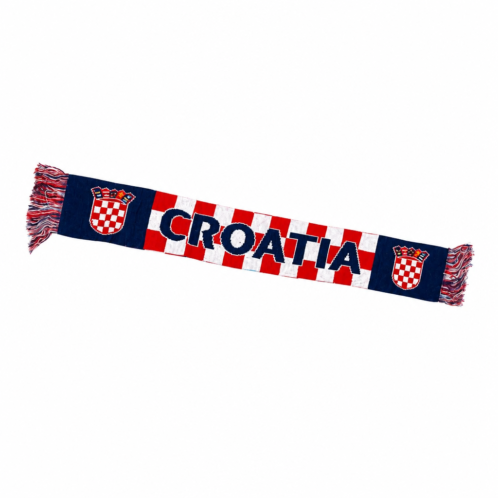 A Croatia-themed knit scarf featuring the word 'CROATIA' in navy blue letters over a red and white checkered pattern, flanked by navy blue sections with Croatian coats of arms and fringed ends. Knitted Scarf Croatia / Hrvatska