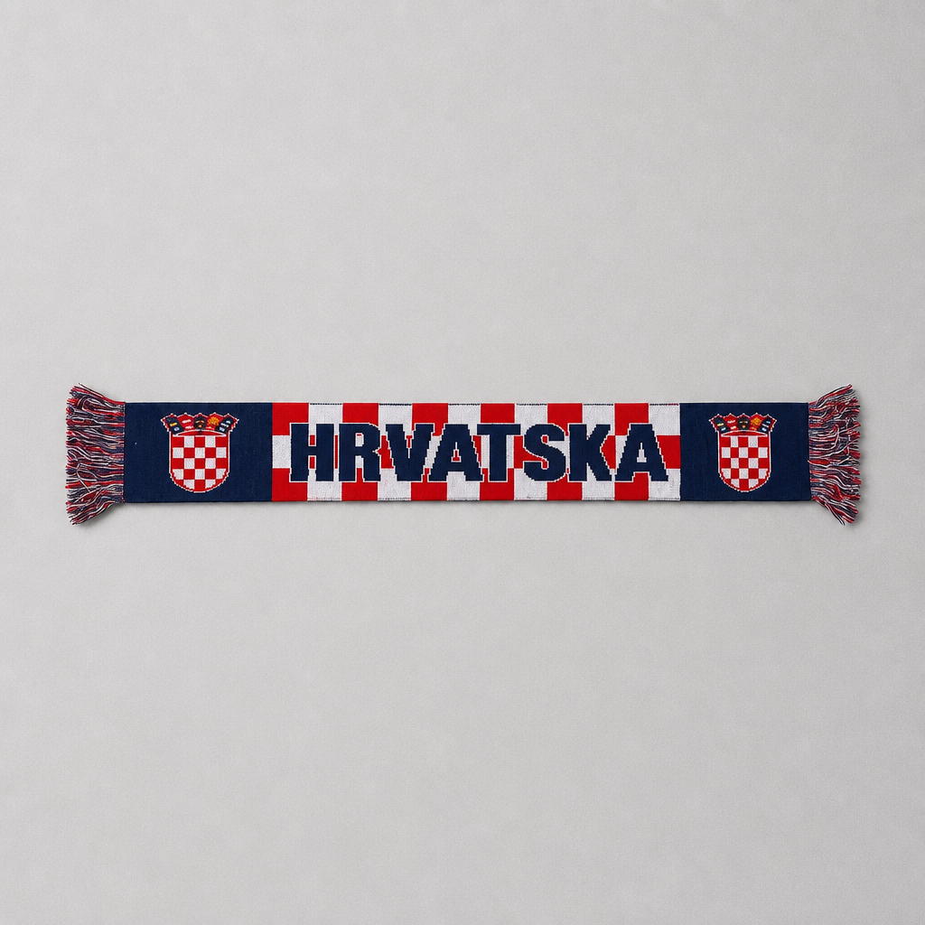 A horizontal Croatia-themed knit scarf with 'HRVATSKA' text and two Croatian coats of arms, featuring red, white, and navy colors with fringed ends, displayed on a light gray background. Knitted Scarf Croatia / Hrvatska