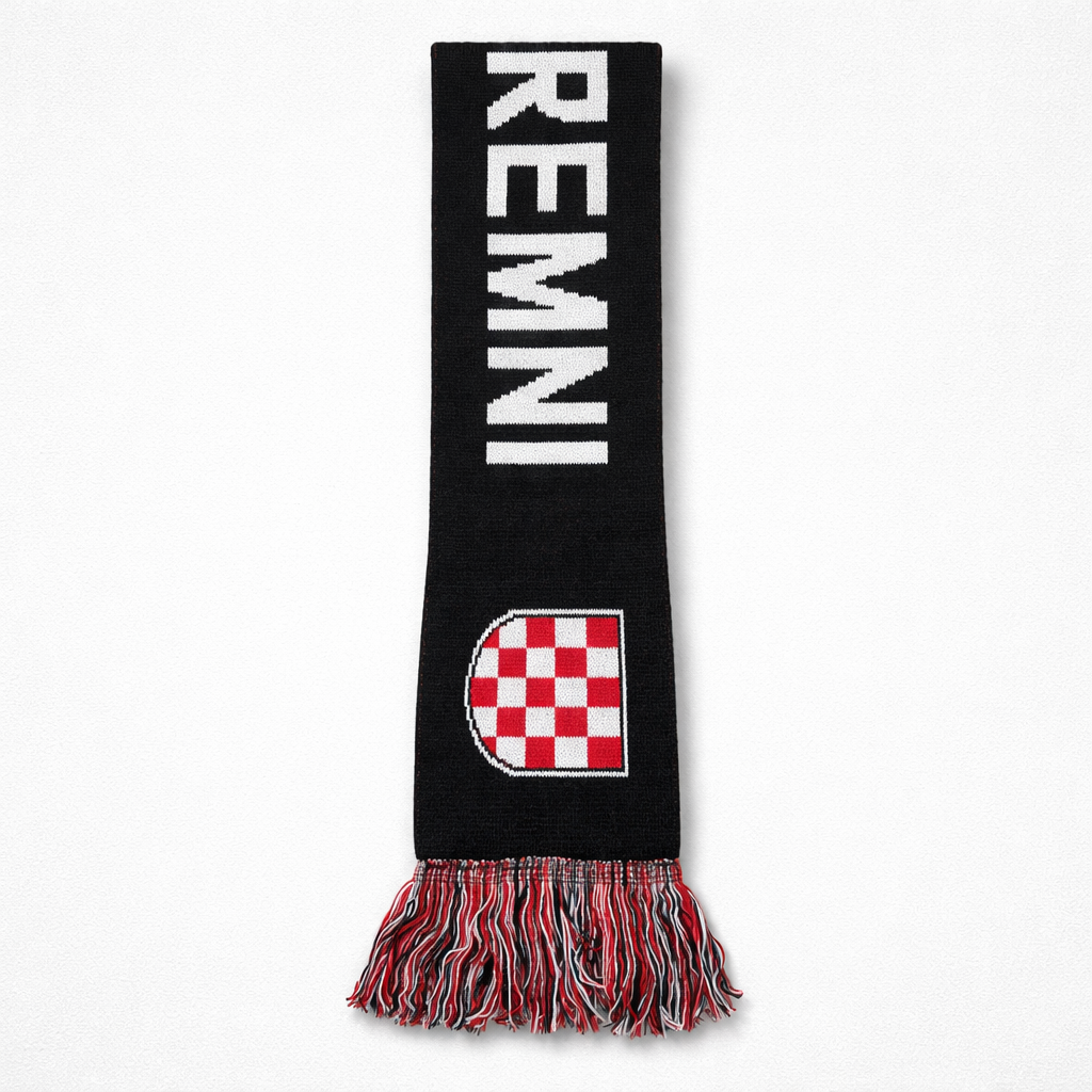 Knitted Scarf HOS Za Dom Spremni Black scarf with 'REMNI' branding and a checkered pattern on a white background