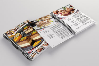 Moji Kremasti KOLAČI Open recipe book with images of desserts on a light gray background