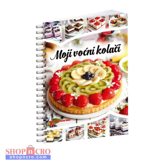 Moji Voćni Kolači Notebook cover with a fruit tart and multiple cake images on a white background