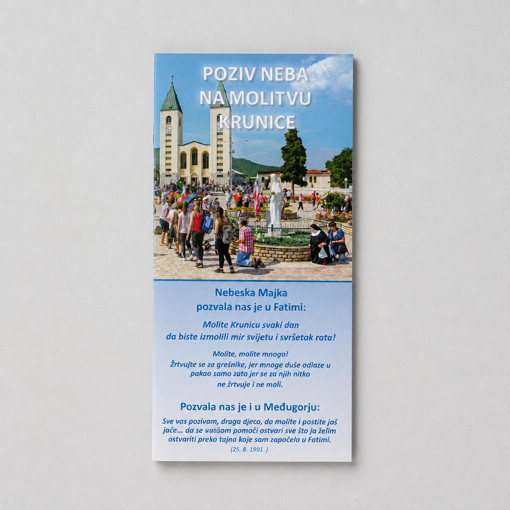 Molitveni Komplet – Krunica & Vodič za Molitvu (Fatima & Međugorje) Brochure with a church and people on a cover against a gray background