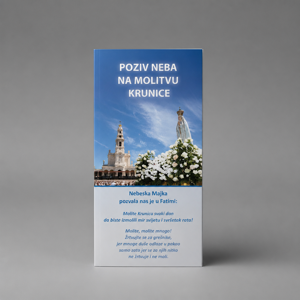 Molitveni Komplet – Krunica & Vodič za Molitvu (Fatima & Međugorje) Brochure with religious imagery and text on a gray background