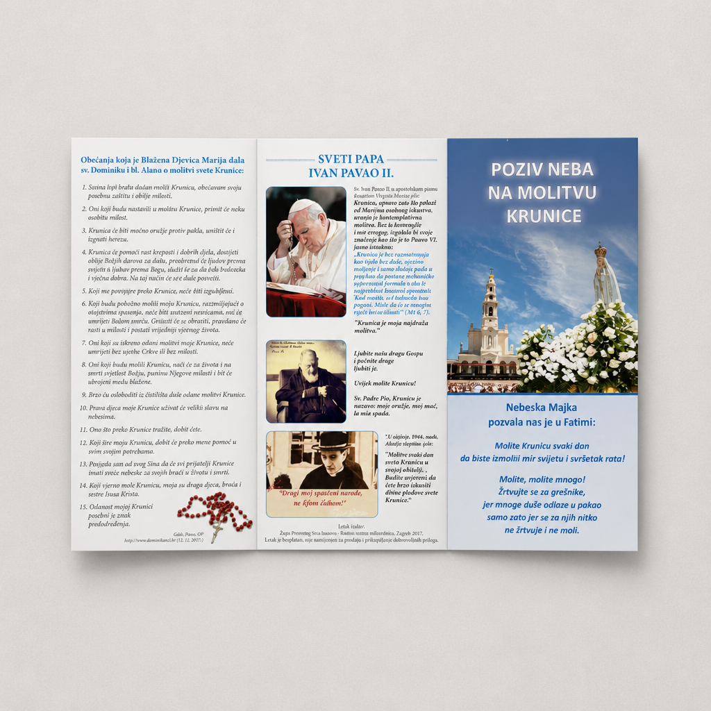 Molitveni Komplet – Krunica & Vodič za Molitvu (Fatima & Međugorje) Brochure with images and text on a gray background