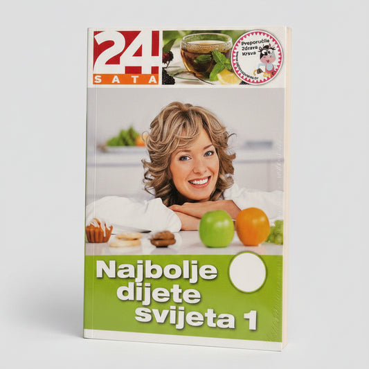 Najbolje dijete svijeta 1 (Croatian Fitness & Weight‑Loss Guide) Book cover with a woman, apples, and a tea cup on a white background