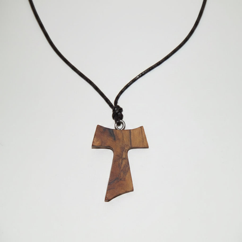 Traditional Međugorje Necklace (S) Wooden cross pendant on a black cord against a white background