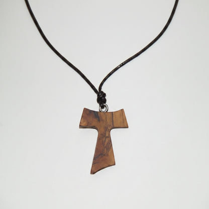Traditional Međugorje Necklace (S) Wooden cross pendant on a black cord against a white background