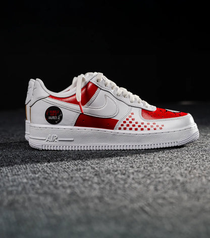 Nike Air Force 1 CROATIA HNS White and red sneaker with checkered pattern on a dark background shopncro