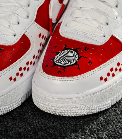 Nike Air Force 1 CROATIA HNS White sneakers with red soles featuring a black and white design on a dark surface shopncro