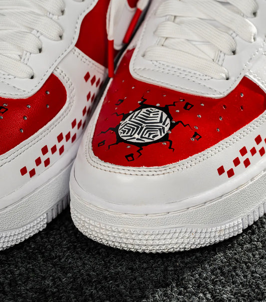 Nike Air Force 1 CROATIA HNS White sneakers with red soles featuring a black and white design on a dark surface shopncro
