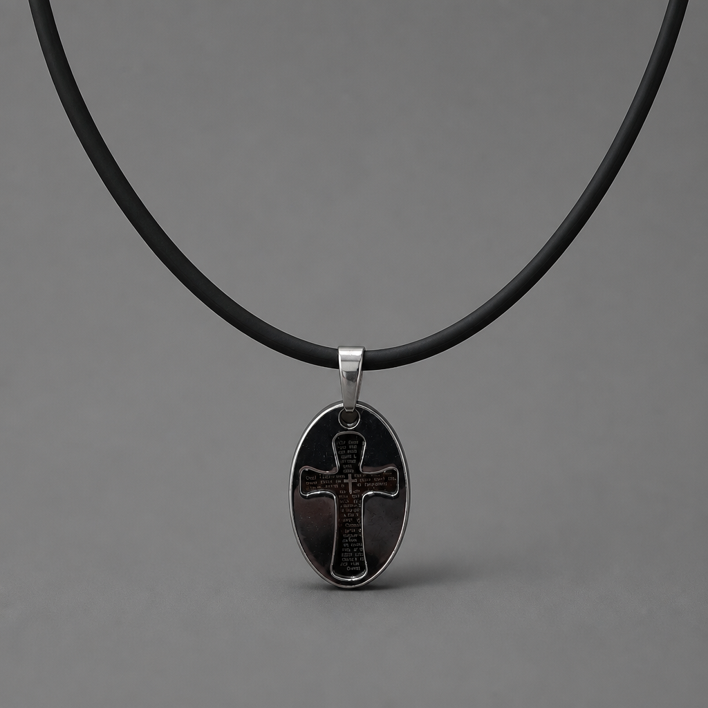 Oče Naš Necklace – Sliding Pendant Black leather necklace with a silver cross pendant on a gray background