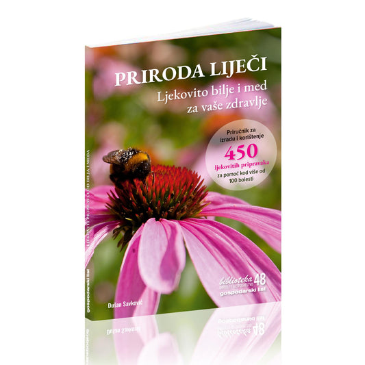 PRIRODA LIJEČI – Ljekovito Bilje i Med za Vaše Zdravlje Book cover with a pink flower and bee on a white background