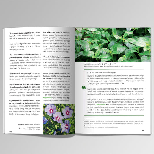 PRIRODA LIJEČI – Ljekovito Bilje i Med za Vaše Zdravlje Open book with pages showing text and images of plants and flowers on a gray background