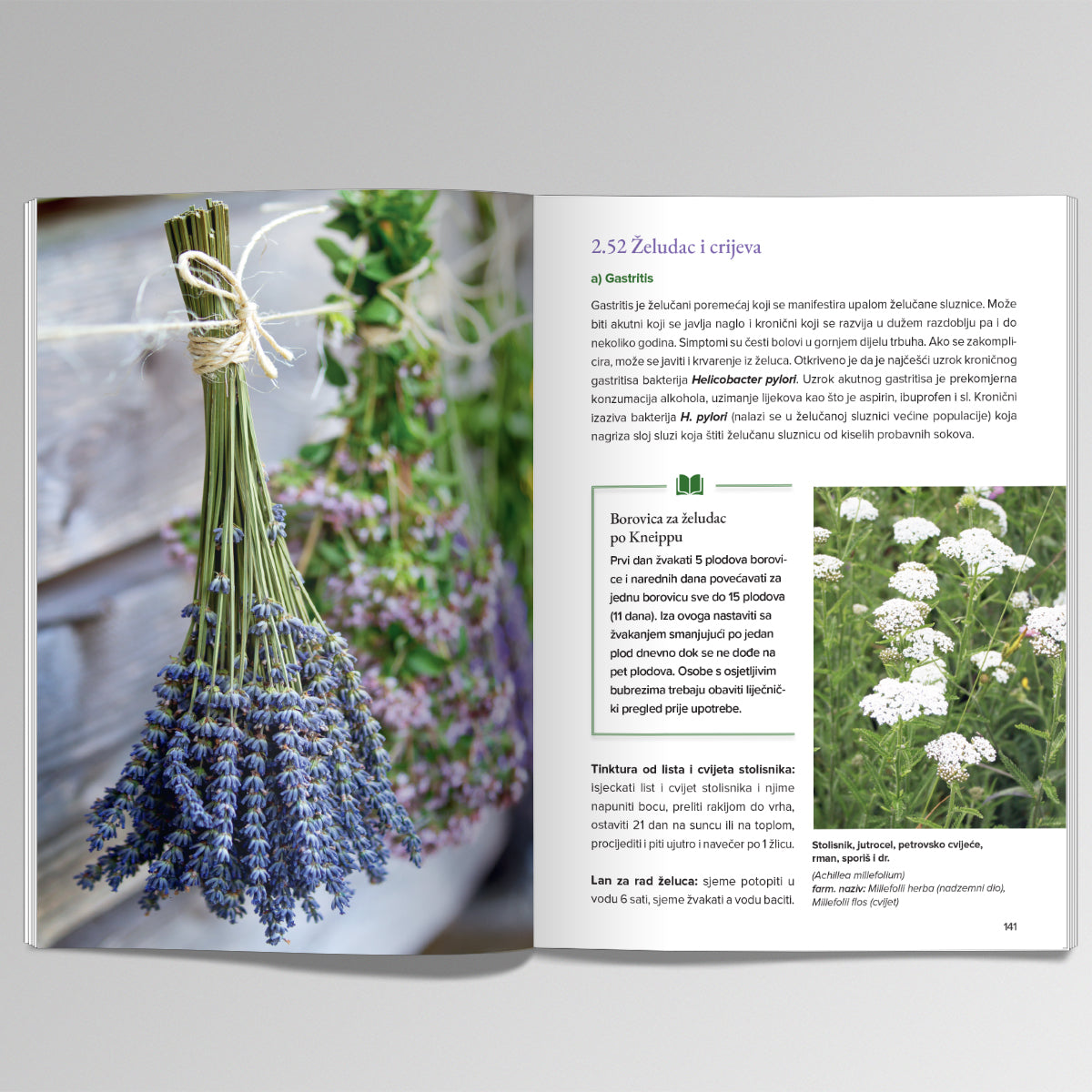 PRIRODA LIJEČI – Ljekovito Bilje i Med za Vaše Zdravlje Open book showing a page with lavender and another with white flowers.