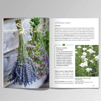 PRIRODA LIJEČI – Ljekovito Bilje i Med za Vaše Zdravlje Open book showing a page with lavender and another with white flowers.