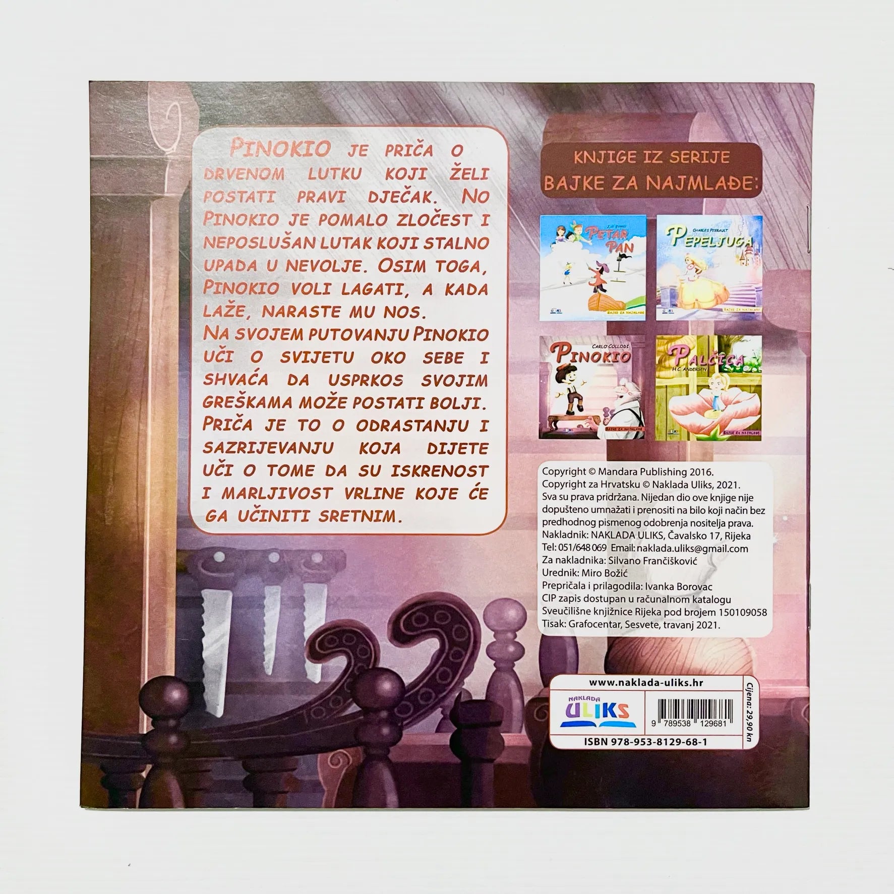 Pinokio Back cover of a book with text and illustrations, featuring a wooden chair and decorative elements.