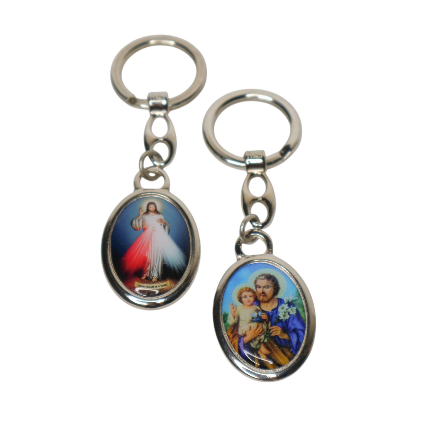 Religious Croatian Metal Keyring – Dual‑Sided Devotional Pendant Two keychains with religious-themed images on a white background