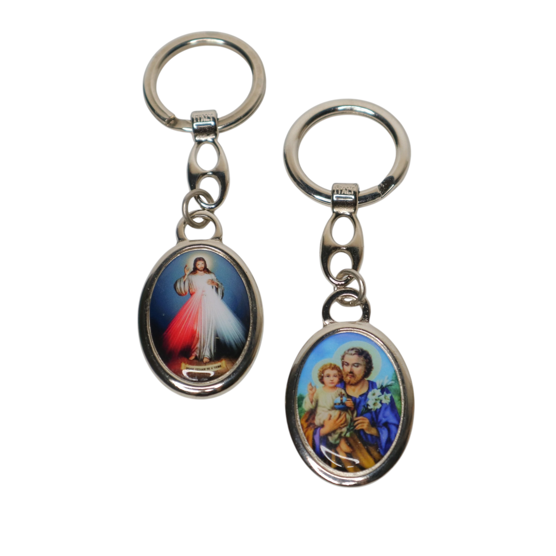 Religious Croatian Metal Keyring – Dual‑Sided Devotional Pendant Two keychains with religious-themed images on a white background