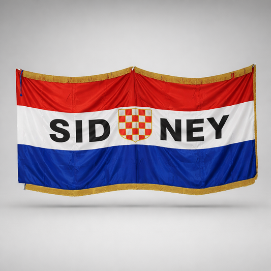 Silk Flag Prvo Bijelo Polje SIDNEY 200x100 Flag with 'SIDNEY' text and a coat of arms on a gray background