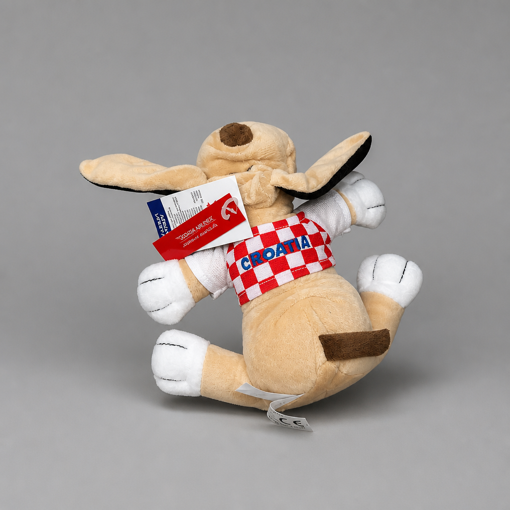 A plush toy dog posed sitting down, wearing a red and white checkered shirt with the word 'CROATIA' in blue. The toy has tan fur, white paws and muzzle, and brown ears, tail, and paw pads. Singing Croatian Fan Puppy – Plush Toy